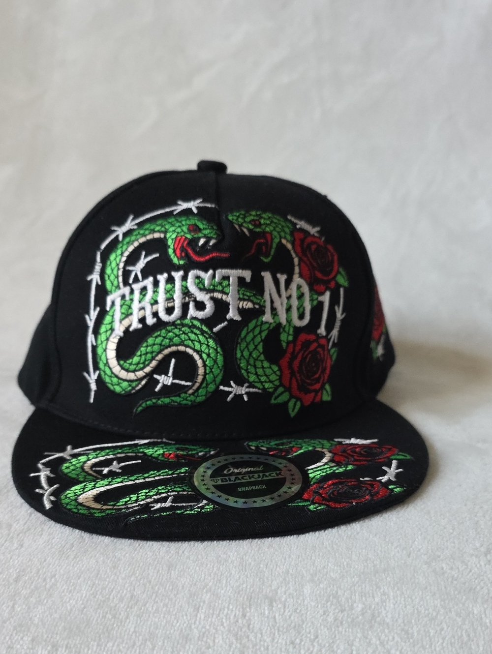 Blackjack Snapback Hat with Green Snake and Red Rose Embroidery‎